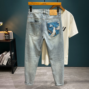 潮牌弹力休闲百搭长裤 轻奢国潮刺绣牛仔裤 小脚春夏新款 修身 子 男士