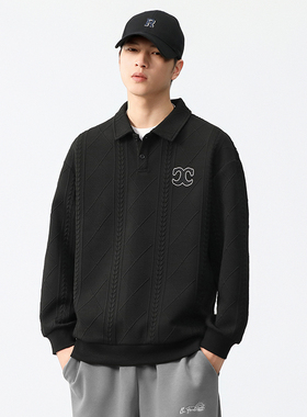 秋冬加绒休闲针织卫衣男士潮流黑色宽松翻领长袖上衣秋季男打底衫