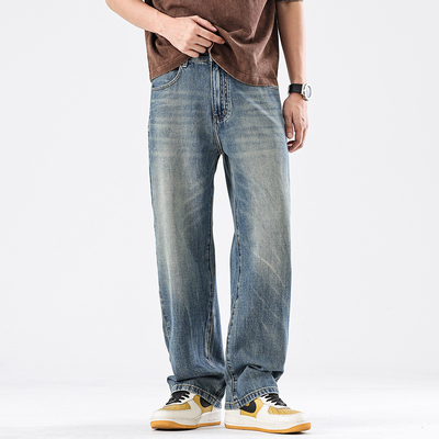 2025年新款美式直筒牛仔裤男款夏季宽松阔腿水洗做旧休闲长裤子男