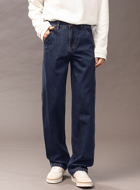 2025秋冬新款宽松直筒蓝色水洗牛仔裤男士