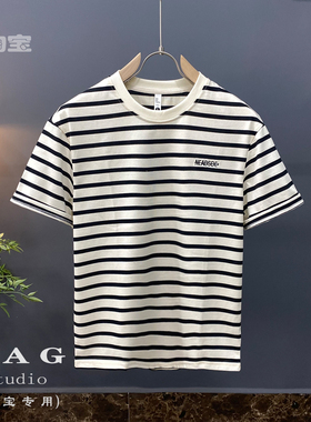 夏季黑白条纹T恤男宽松潮胖美式圆领短袖百搭男生休闲半袖上衣潮