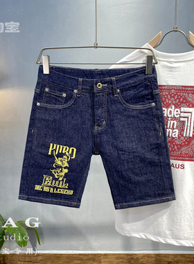 潮流刺绣深蓝色牛仔短裤男夏季薄款五分中裤男修身街头痞帅中裤男