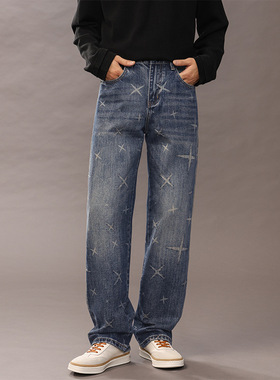 2025秋冬新款宽松直筒蓝色水洗高端牛仔裤男士