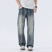 2026新款 男 高街复古无弹赛博蓝焰水洗工艺宽松直筒牛仔裤 美式 时尚