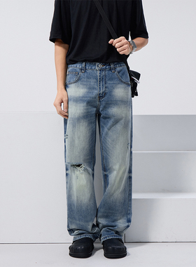 浅蓝色破洞牛仔裤男士春夏季薄款2025年新款直筒修身宽松裤子男生