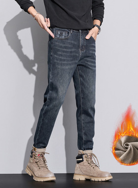 高端蓝色抓绒牛仔裤男秋冬款2025新款潮牌裤修身保暖长裤