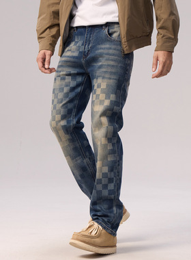 2025新款激光印花弹力宽松直筒男士蓝色水洗牛仔裤男