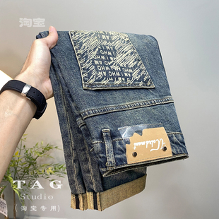 2025春秋季 男士 新款 印花修身 美式 小脚长裤 潮牌复古怀旧水洗牛仔裤