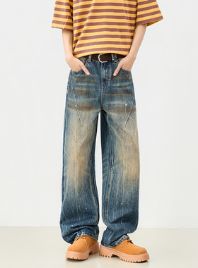 美式复古做旧图案春夏男女同款纽扣宽松褶皱斑点拖地长裤牛仔裤