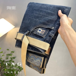 蓝灰色牛仔裤 弹力休闲长裤 男士 高端潮流刺绣印花修身 2023新款 秋季