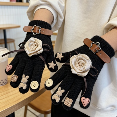 2026新原创干枯玫瑰皮带手套女带美甲分五指手套花朵复古文艺手套