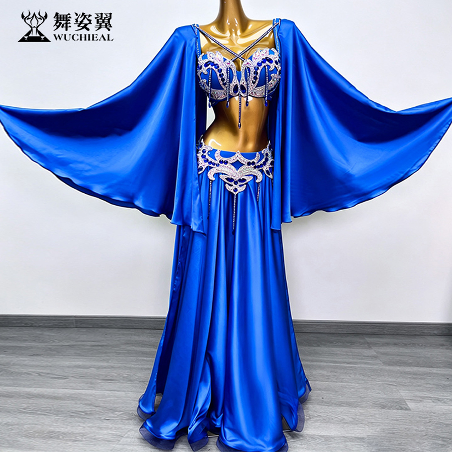 宝蓝重工烫钻缎面肚皮舞表演出服文胸长裙套装2026新款东方舞台服