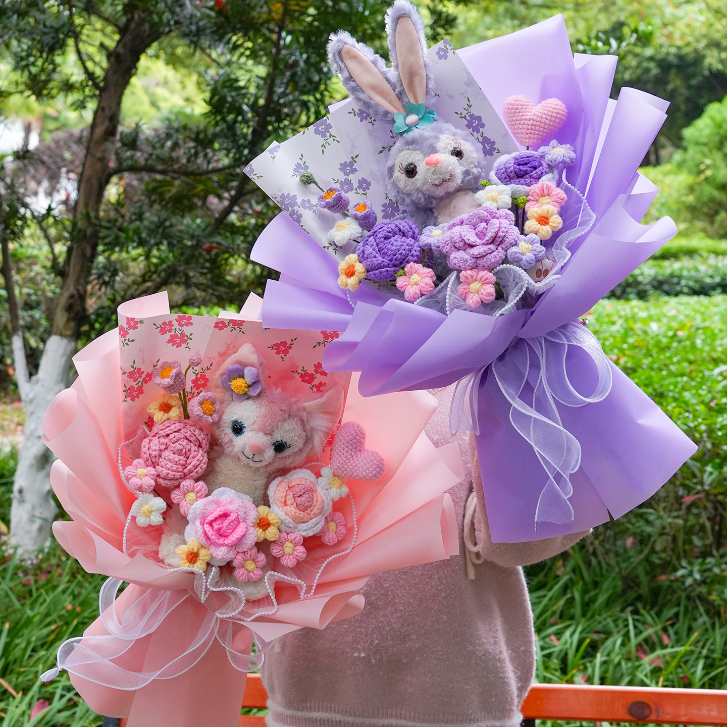 迪斯尼玲娜贝儿可爱卡通玩偶公仔毛绒花束钩织毛线花创意生日礼物