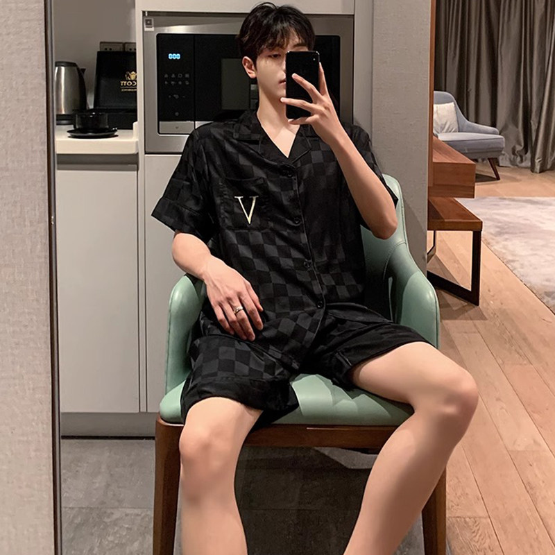 冰丝睡衣男夏季短袖短裤绸缎时尚简约丝绸家居服两件式套装