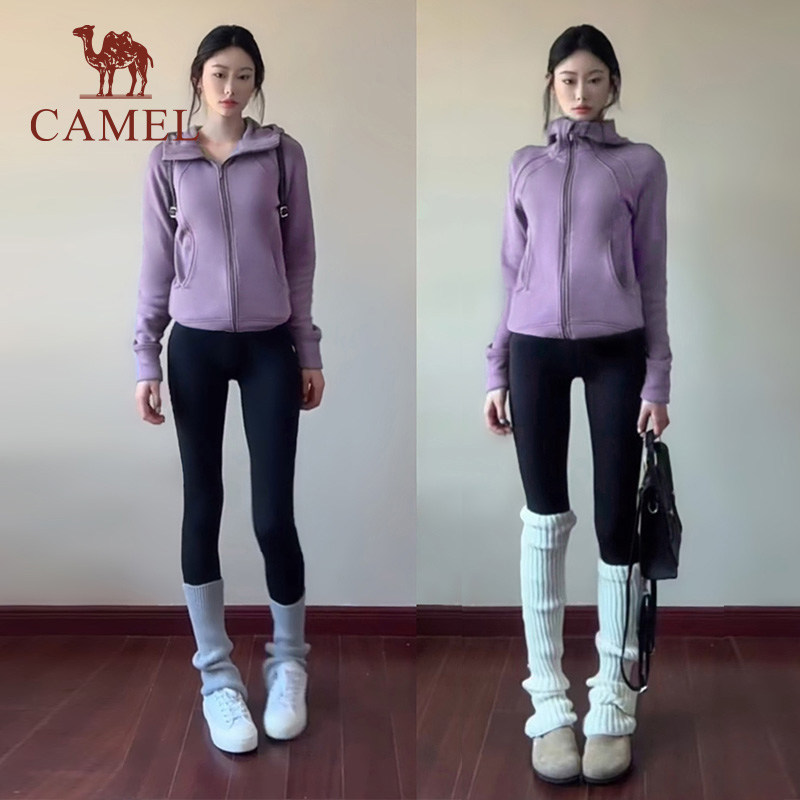 骆驼女装小蛮腰外套2025秋季针织加绒连帽卫衣收腰显瘦修身开衫