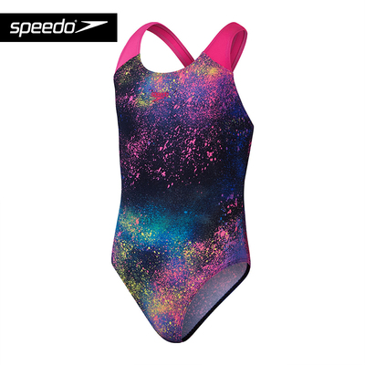Speedo/速比涛绚烂印花彩虹交叉背带儿童高效训练连体泳衣女童