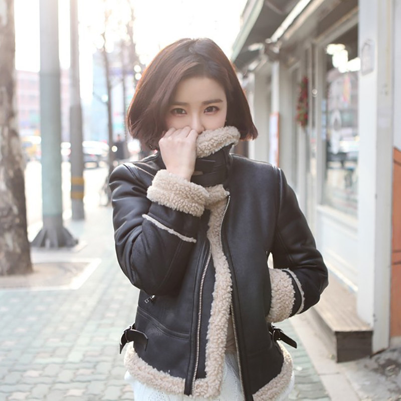 羊羔绒短款棉服加厚皮毛一体皮衣夹克短外套羊羔毛机车服外套女冬