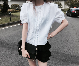 白衬衫女短袖韩版纯棉宽松蕾丝荷叶边短款泡泡袖上衣灯笼袖蓬蓬夏
