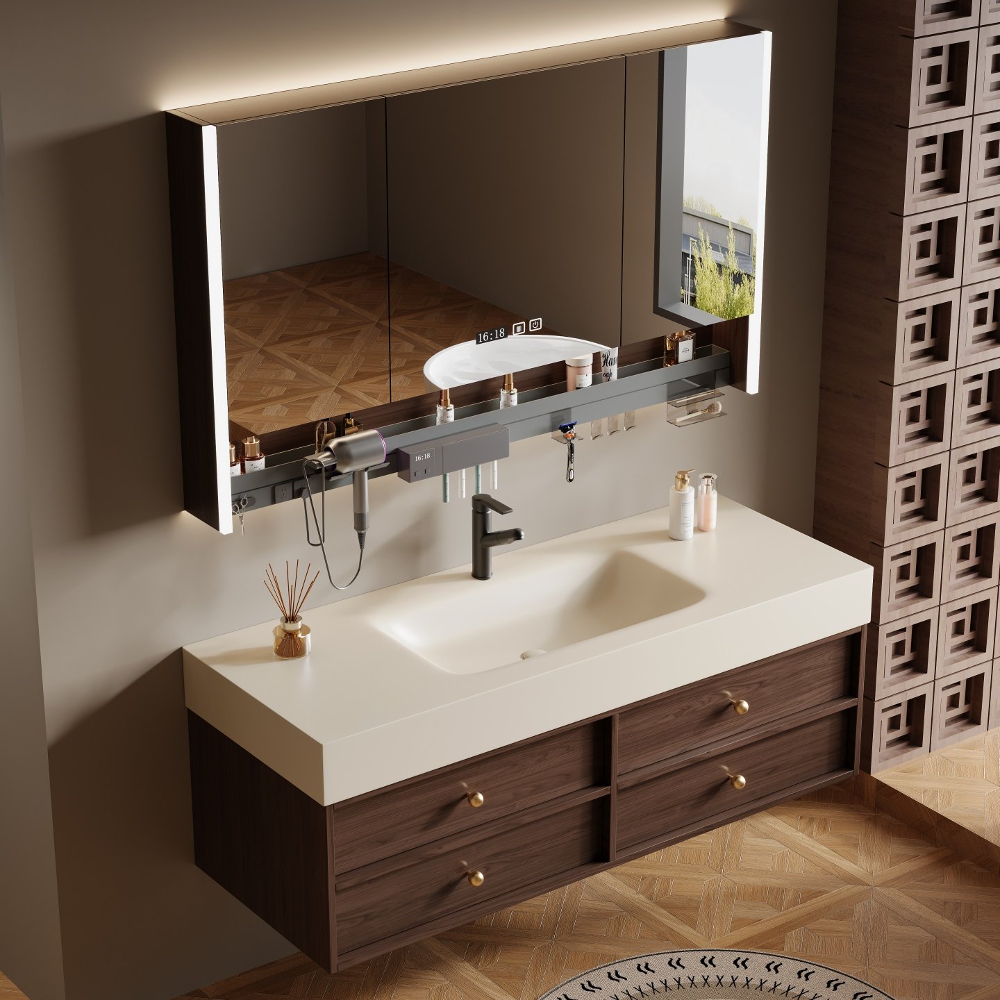 中古风胡桃木色浴室柜岩板热弯一体盆实木卫生间洗漱台洗脸盆组合,家装主材,智能浴室柜组合,淘宝优惠券,粉丝福利购,淘宝优惠卷