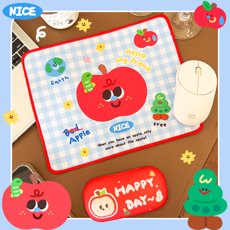 鼠标垫方形加厚锁边办公游戏橡胶护腕多巴胺可爱创意卡通格纹苹果