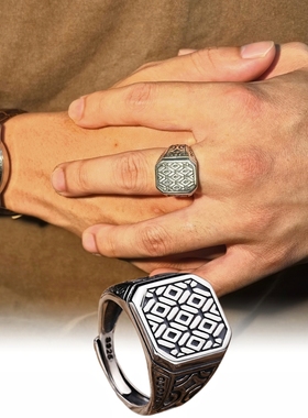 新款正品S925纯银戒指方块菱形戒指男款指环开口可调节泰银复古