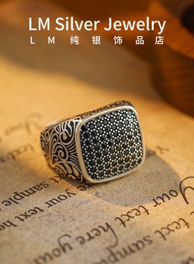 S925纯银镶嵌黑锆石方形男士戒指复古活口可调节男款纯银正品戒指