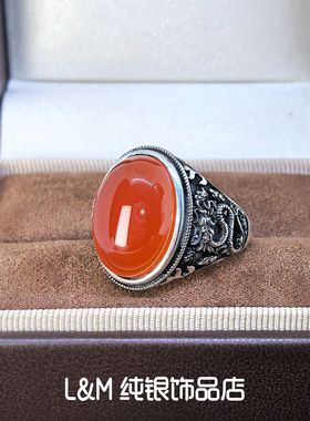 正品S925纯银红玛瑙男士戒指开口可调节龙纹设计复古风男款戒指