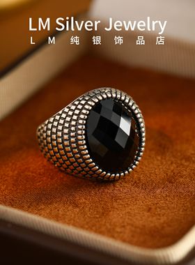 正品S925纯银黑锆石男士戒指开口可调节复古小众风纯银戒指简约