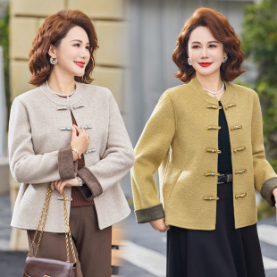 9323妈妈春装小香风毛呢外套女短款洋气中老年人春秋款双面呢上衣