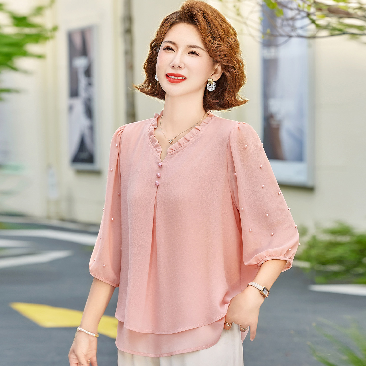 妈妈夏装洋气纱袖薄款T恤