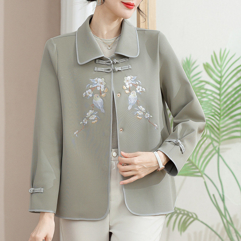 8852气质妈妈秋装外套新中式中年女国风刺绣上衣中年时尚纯色夹克