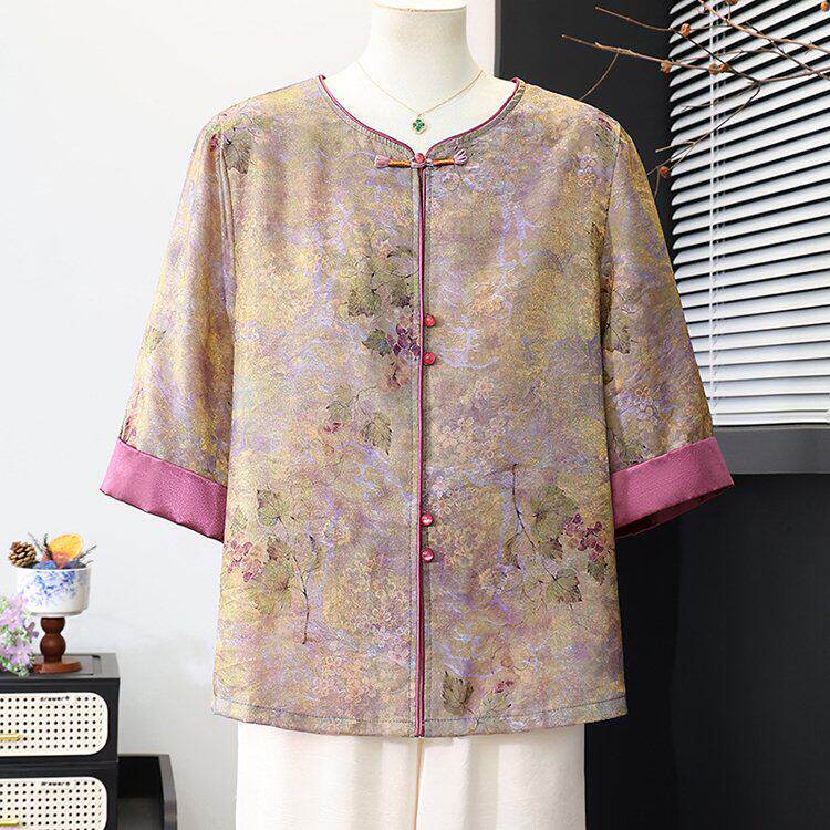 9378夏季新款新中式女装气质国风大码衬衫妈妈春夏七分袖薄款外套