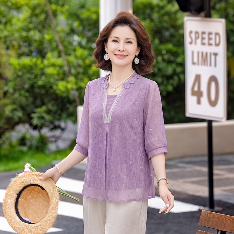 9395气质妈妈装夏季衬衫中老年女宽松显瘦减龄时尚上衣母亲节套