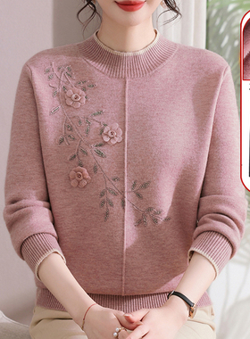 9222秋冬新款妈妈装加厚毛衣中年人女半高领加绒加厚打底衫洋气