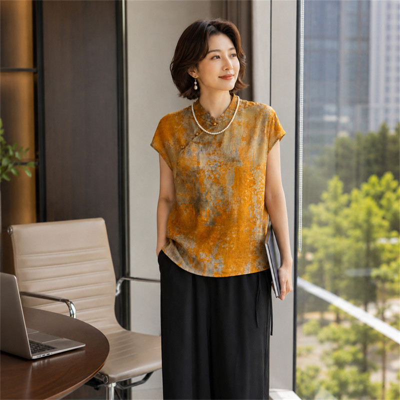 夏季新中式立领斜襟妈妈衬衫