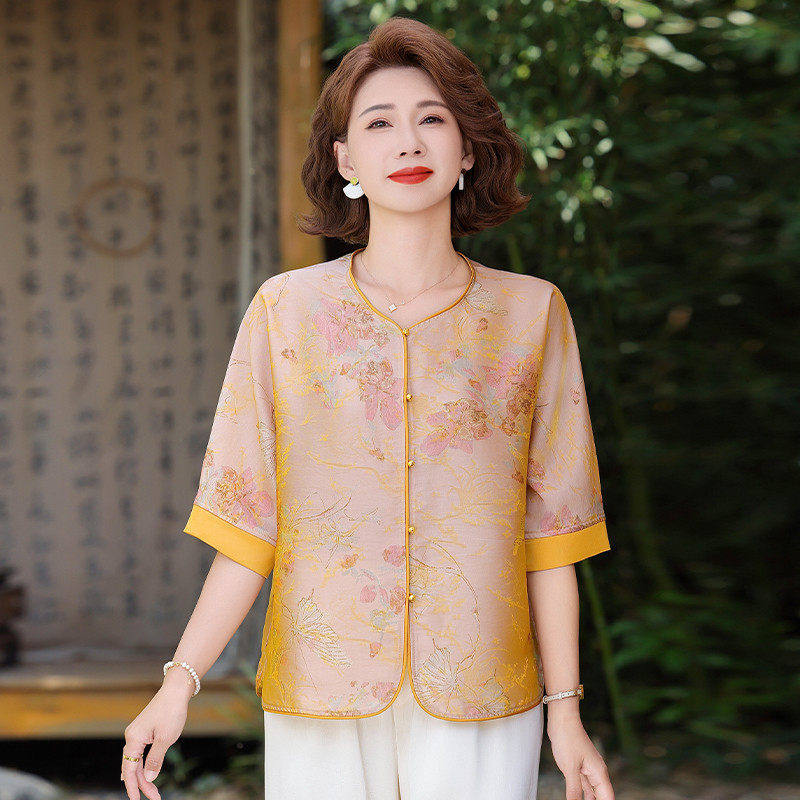 9383新中式洋气妈妈夏装中袖衬衫国风上衣洋气中老年女装2026夏季