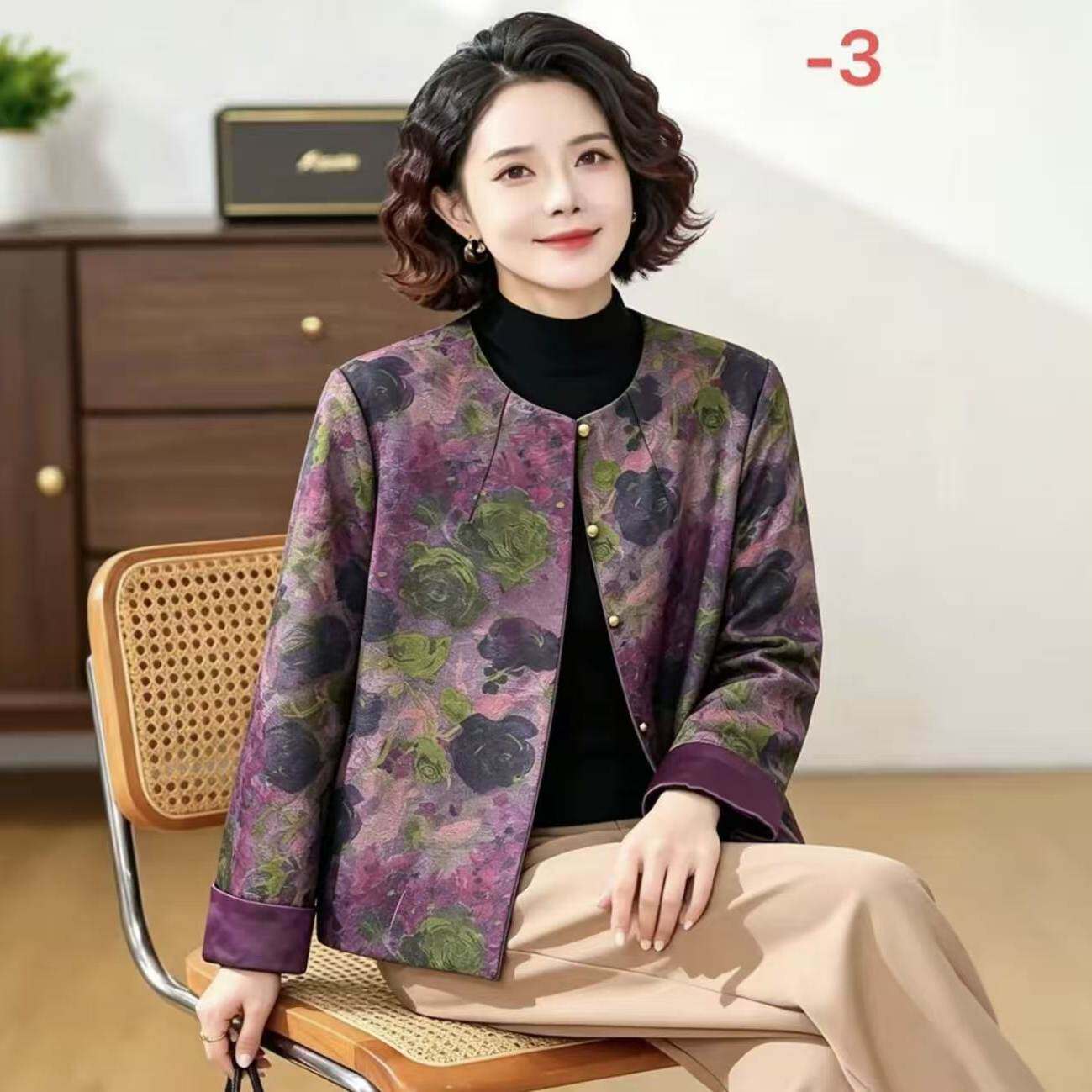 9733春秋新款时尚新中式国风提花外套女气质妈妈装印花开衫上衣