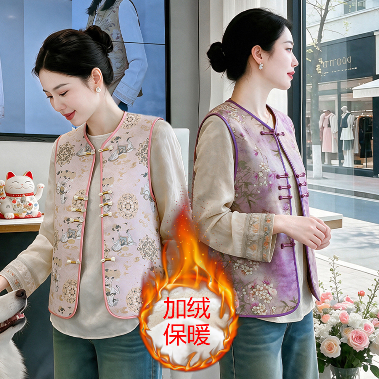 秋冬中国风盘扣印花中老年女马甲