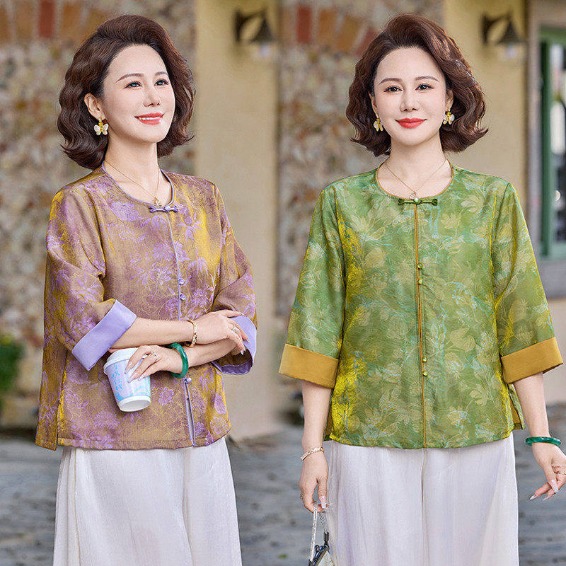 9329中老年女装洋气国风上衣外搭新中式妈妈春夏装七分袖印花外套