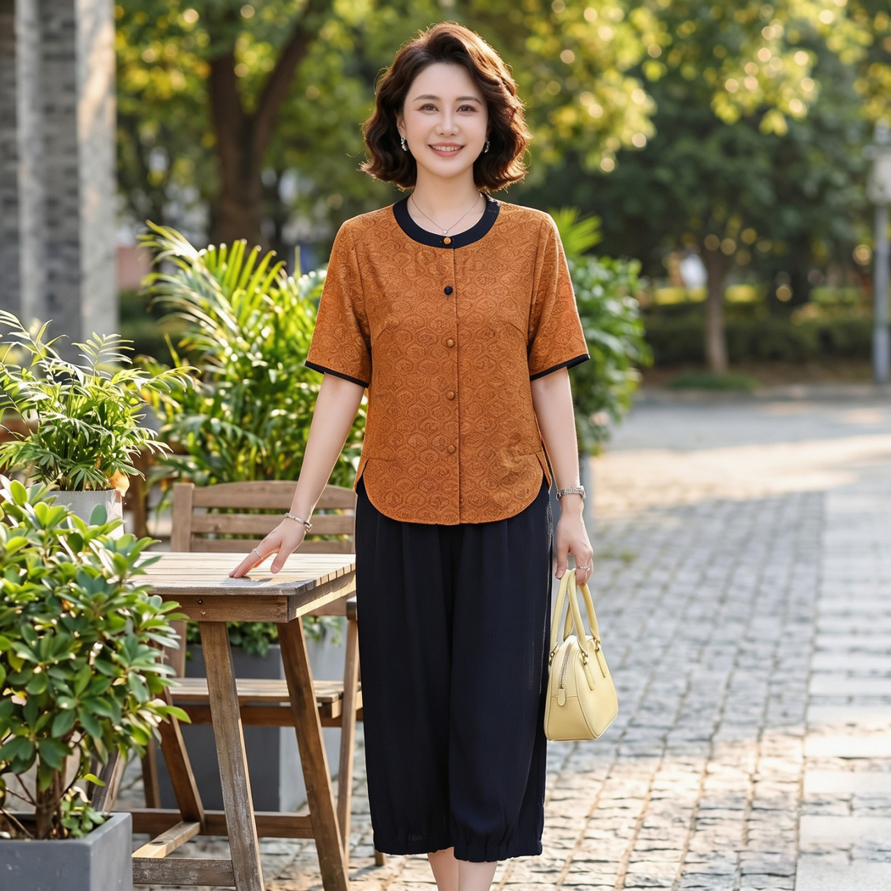 新中式妈妈提花短袖两件套