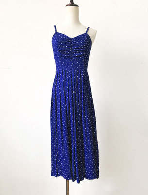 vintage吊带裙蓝色波点高腰显瘦