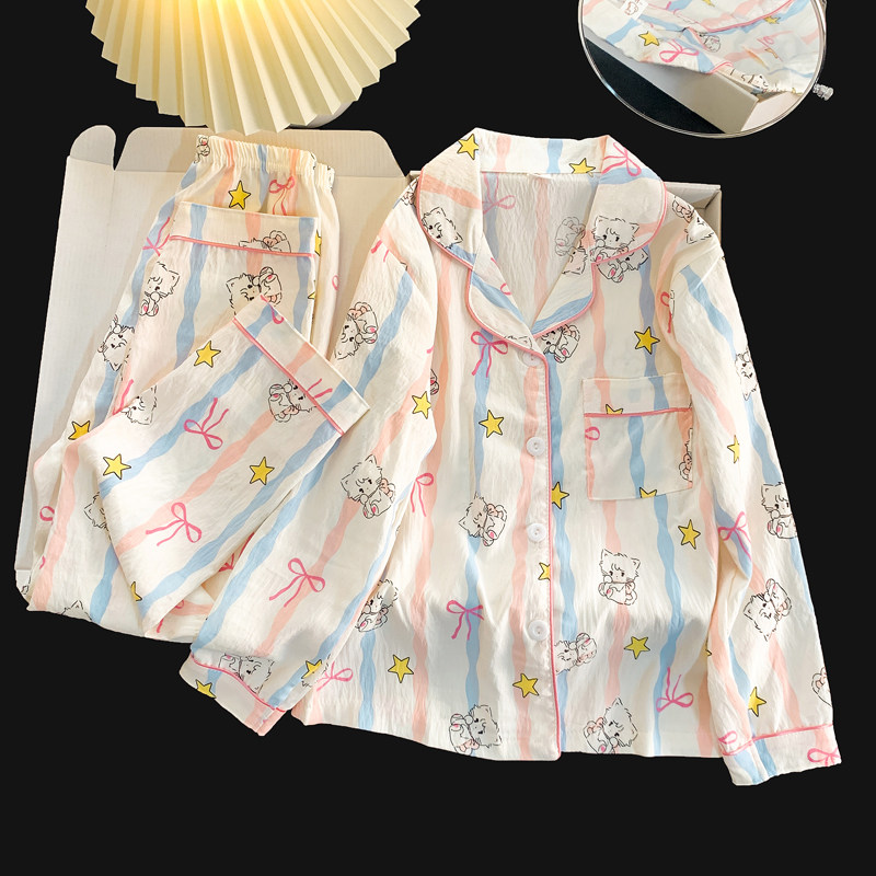 儿童蛋壳猫咪睡衣女童春秋冬季长袖云朵棉卡通可爱中大童家居服薄