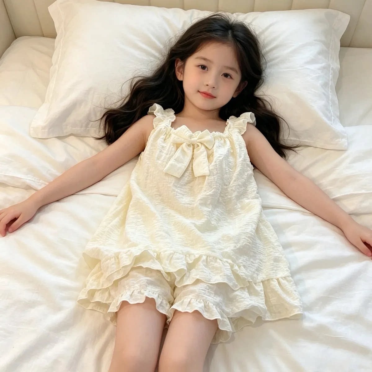 甜美风云朵棉吊带睡衣女童夏季薄款荷叶边蝴蝶结可外穿家居服套装