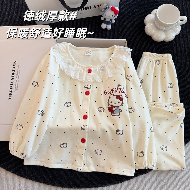 儿童休闲可爱风居家服冬季德绒保暖长袖花边女童开衫式圆领睡衣