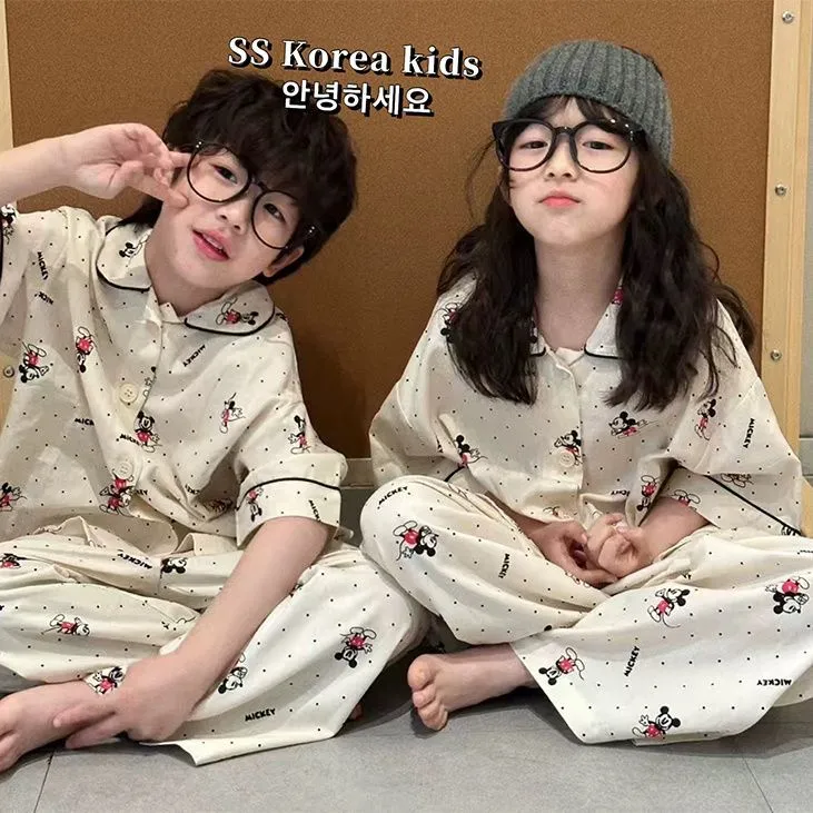 新款儿童睡衣男女孩夏季短袖长裤薄款米奇中大童家居服套装可外穿