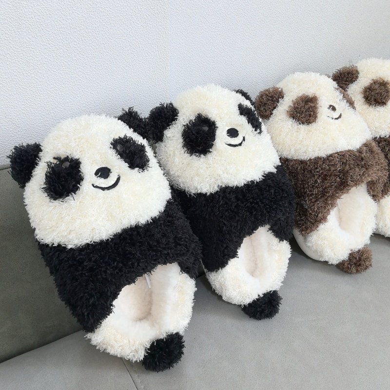 软萌可爱熊猫加厚毛绒情侣可外穿防滑保暖冬季居家室内家用棉拖鞋