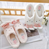 秋冬可爱卡通蝴蝶结兔子毛绒保暖软底静音木地板室内家用棉拖鞋 女