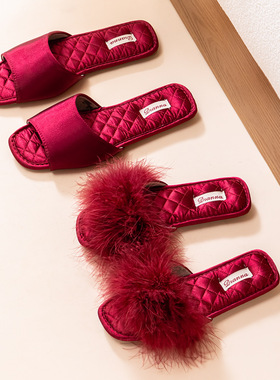 法式仙女风缎面羽毛新娘新郎结婚陪嫁酒店室内防滑配晨袍家用拖鞋