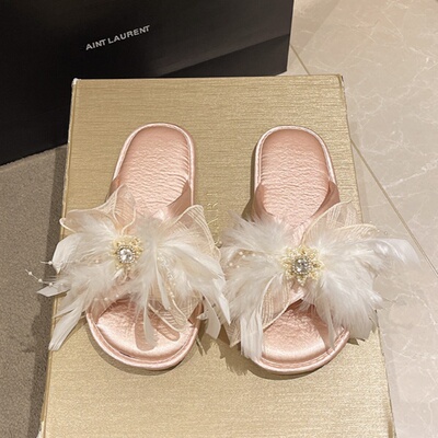 高级感仙女羽毛蝴蝶结缎面凉拖鞋