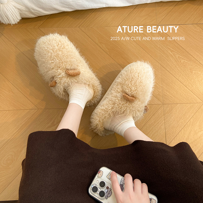 可爱卡通针织小耳朵毛绒棉拖鞋女